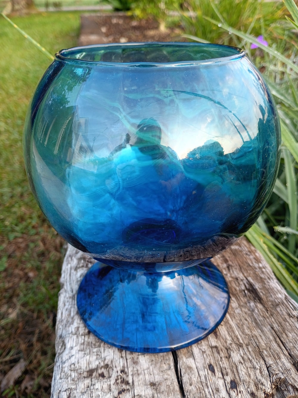 Vtg MCM Mid Century Modern Cobalt Blue Art Glass Pedestal Bowl Optic Pattern